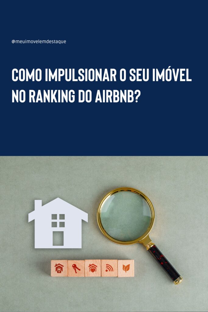 Imagem ilustrativa de SEO no Airbnb, mostrando uma lupa ampliando ícones relacionados a aluguel por temporada, representando estratégias para melhorar o ranqueamento de imóveis na plataforma.